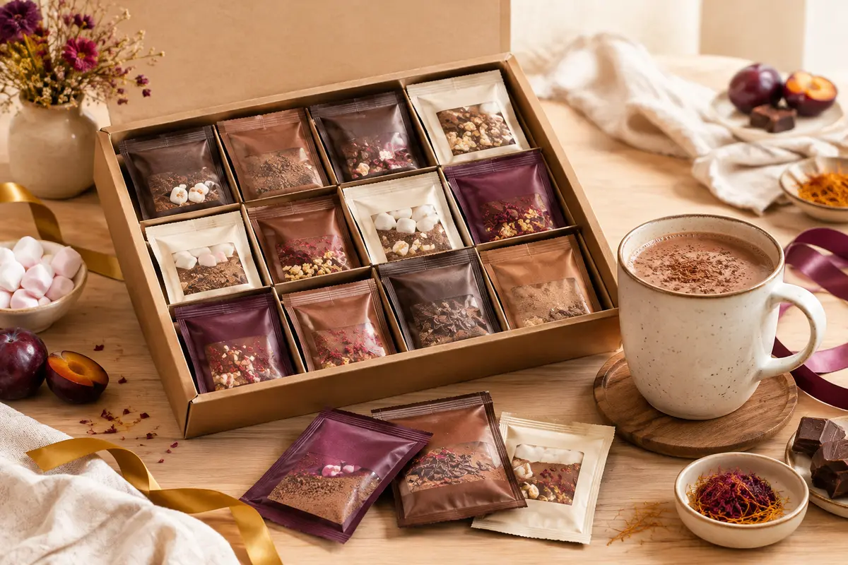Coffret festif de 12 mélanges de chocolat chaud près d’une tasse en céramique sur un fond de bois clair.