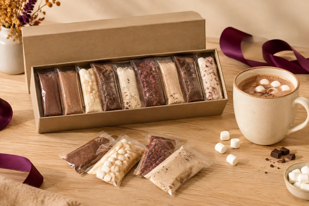 Coffret de neuf mélanges pour chocolat chaud présenté près d’une tasse en céramique et de guimauves