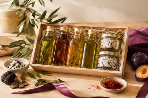 Coffret gourmand avec quatre huiles d’olive en verre et deux sels à la truffe