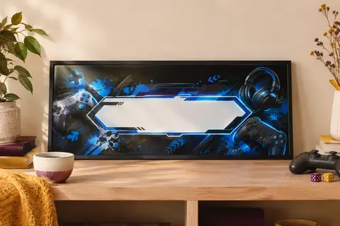 Affiche gamer personnalisée au format paysage, aux couleurs fluo, présentée dans une décoration de chambre chaleureuse.
