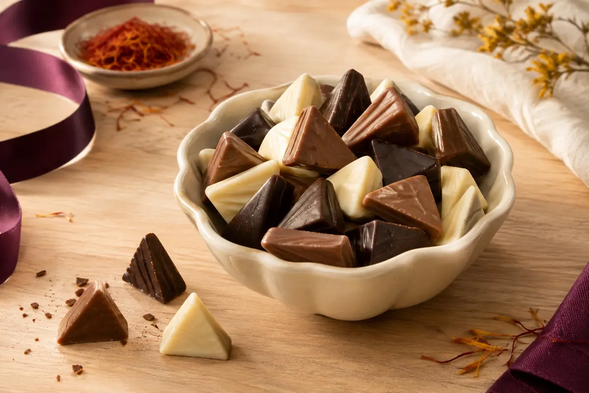 Mini chocolats triangulaires au lait, noir et blanc disposés dans une coupelle en céramique
