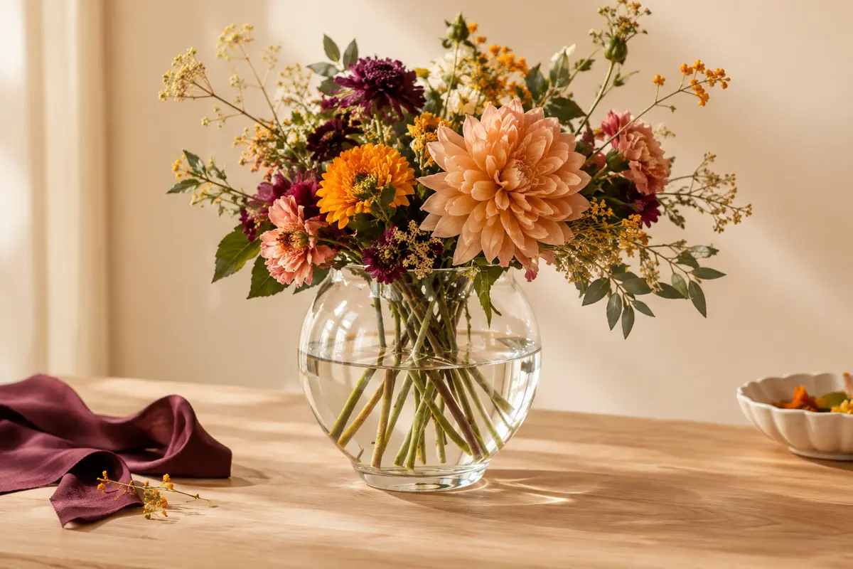 Vase Zinnia en verre transparent, forme calice, garni de tiges florales sur une table en bois clair.