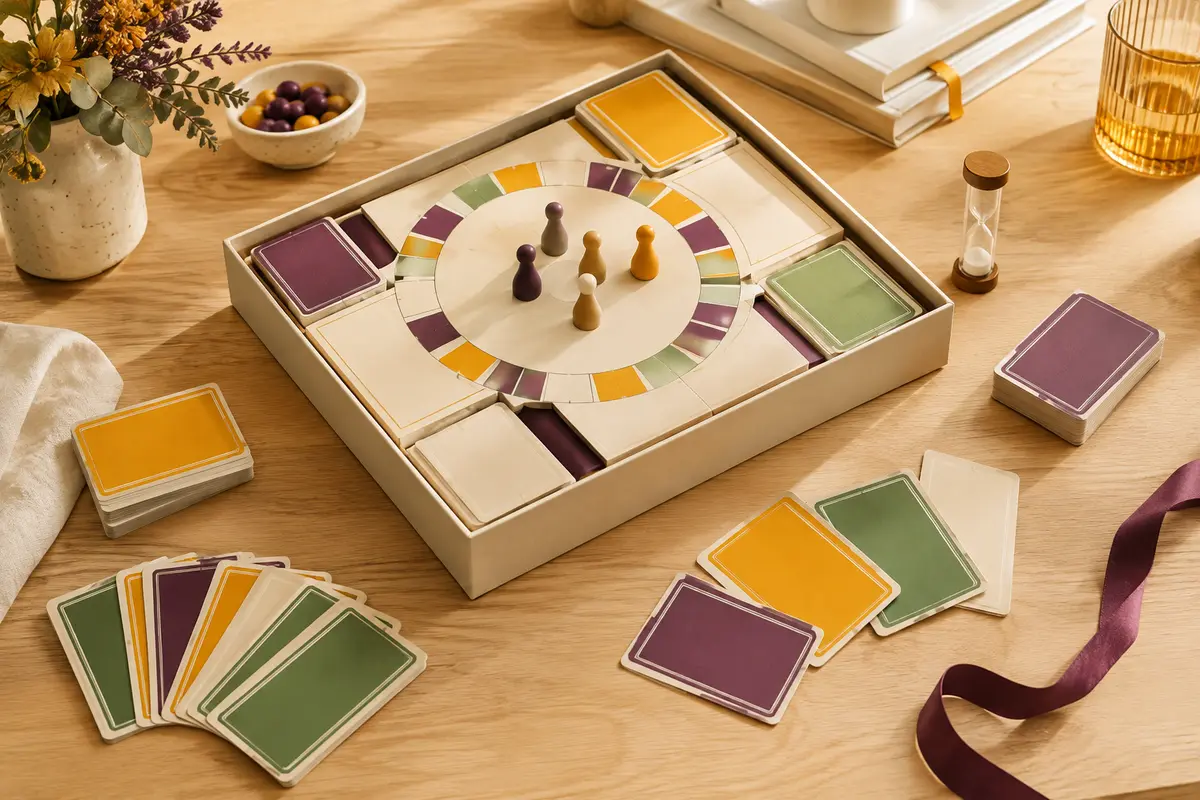 Jeu de quiz TTMC avec sa boîte ouverte en plateau et des cartes disposées sur une table en bois clair