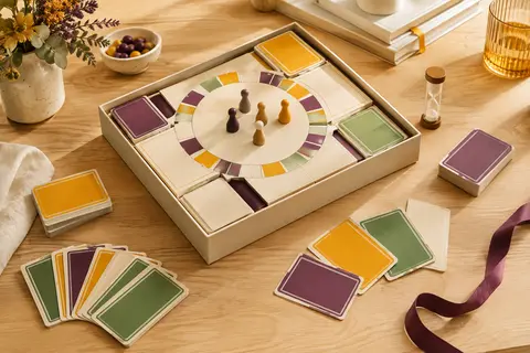 Jeu de quiz TTMC avec sa boîte ouverte en plateau et des cartes disposées sur une table en bois clair