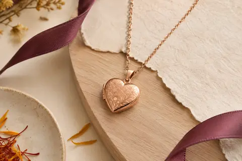 Collier médaillon cœur U7 à finition or rose, décor floral et chaîne ajustable, présenté sur fond clair