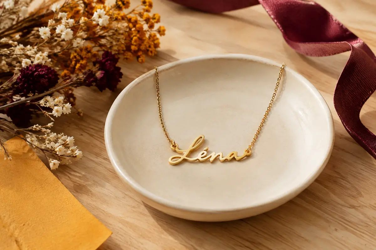 Collier prénom personnalisé à chaîne fine et pendentif doré posé sur un décor crème et bois clair.