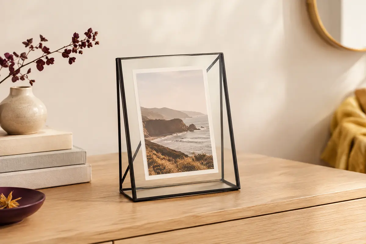 Cadre photo Prisma noir avec une photo de paysage entre deux verres, posé sur un meuble en bois clair.