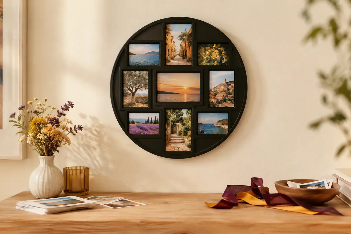 Cadre photo rond Umbra Luna noir avec neuf photos exposées sur un mur crème