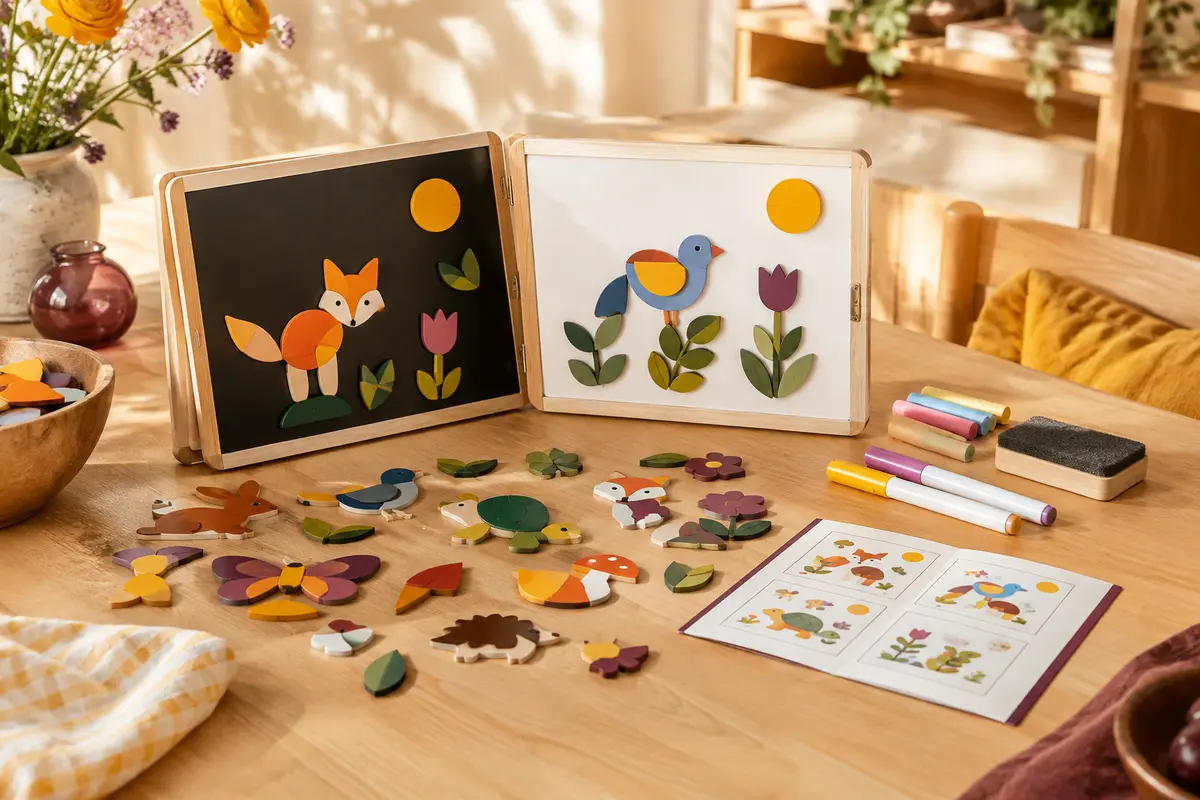 Puzzle magnétique en bois avec tableau noir et blanc, pièces colorées, craies, feutres et éponge.