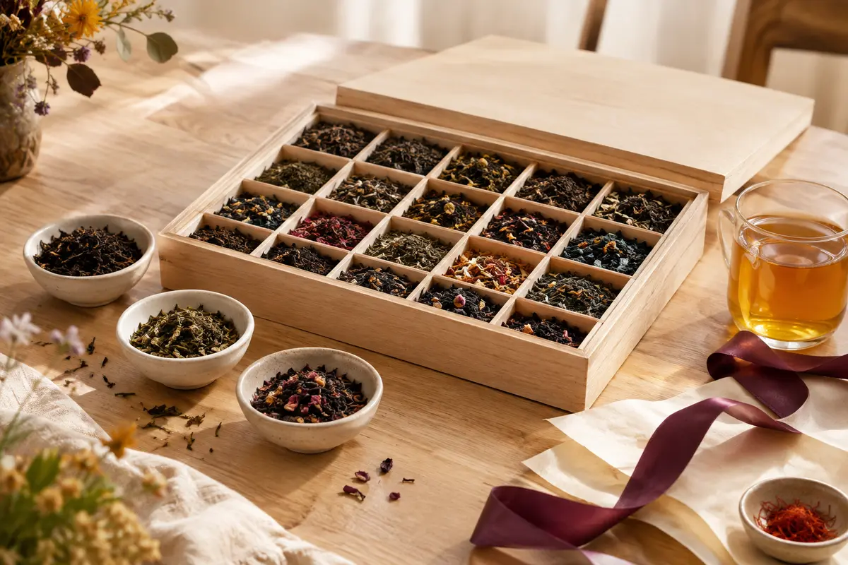 Coffret de 20 thés en vrac présenté avec des feuilles de thé, une tasse en verre et des bols en céramique.