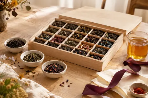 Coffret de 20 thés en vrac présenté avec des feuilles de thé, une tasse en verre et des bols en céramique.