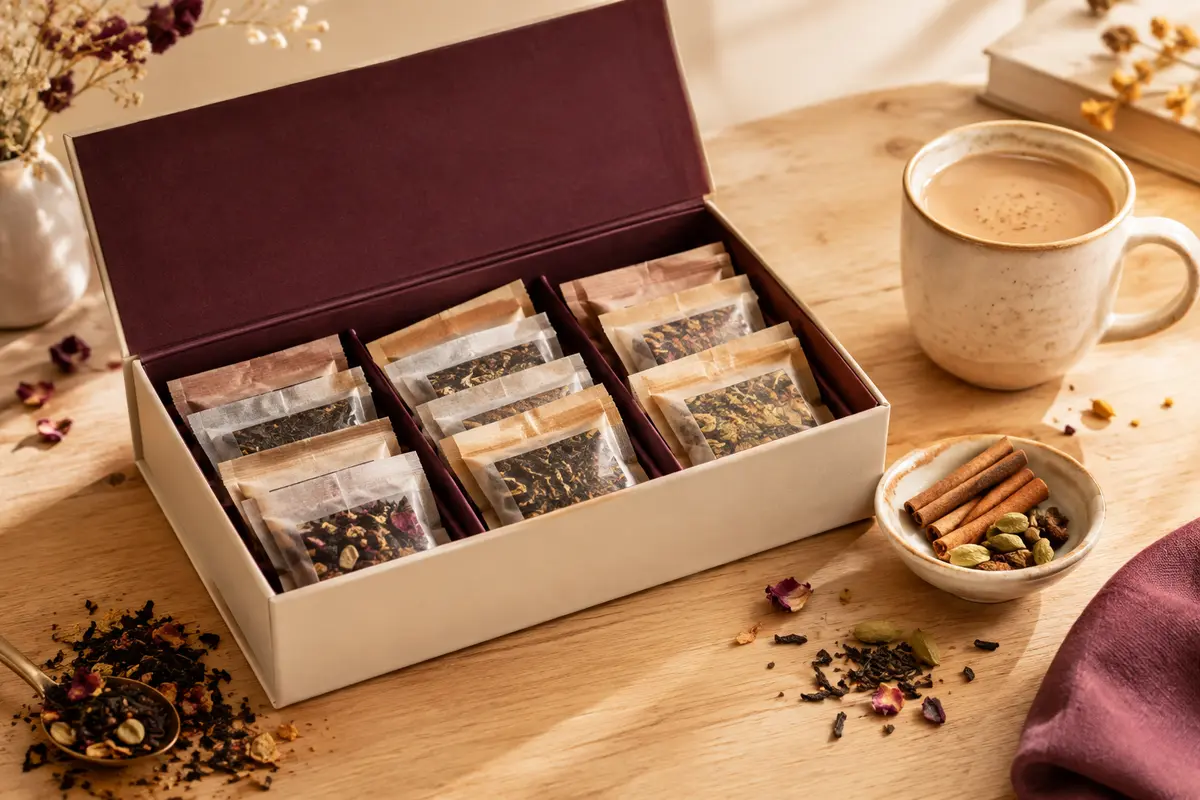 Coffret de dégustation de chai avec sachets de thé, tasse en céramique et épices sur bois clair