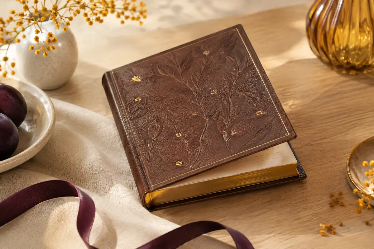 Carnet vintage brun mat en simili-cuir, avec couverture gaufrée et tranches dorées, posé sur un fond clair.