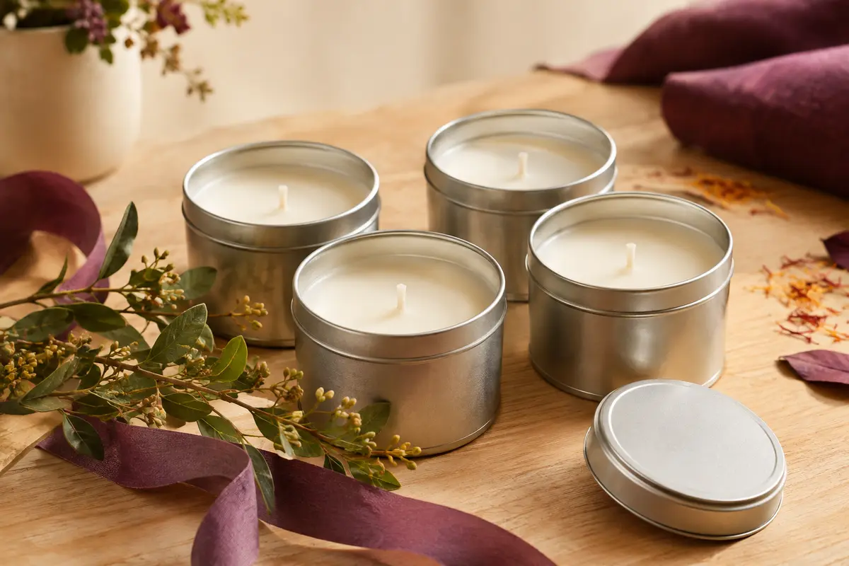 Quatre bougies parfumées en pots métalliques, présentées sur un fond crème et bois clair.