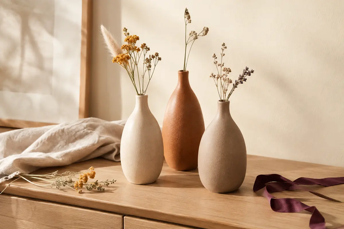Trois vases en céramique mate crème, terre cuite et taupe présentés avec des fleurs séchées
