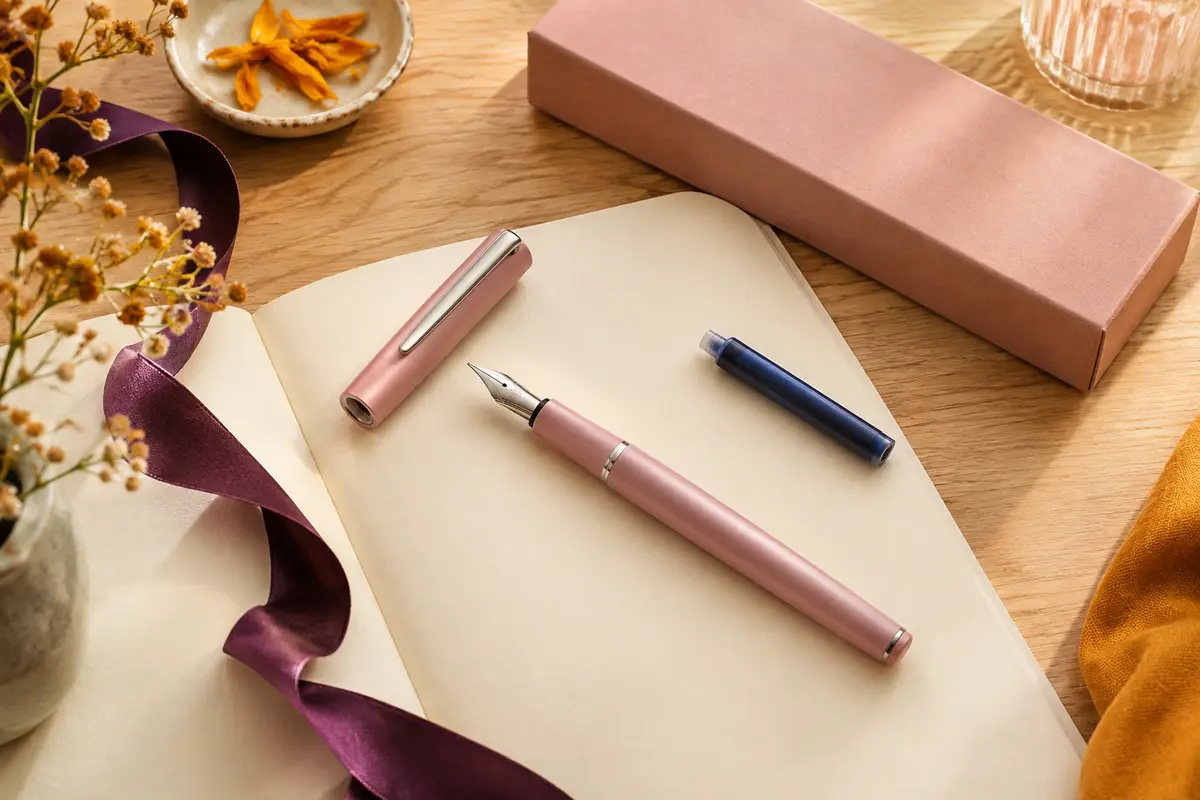 Stylo plume Waterman rose pastel mat avec plume fine en acier, cartouche bleue et coffret cadeau