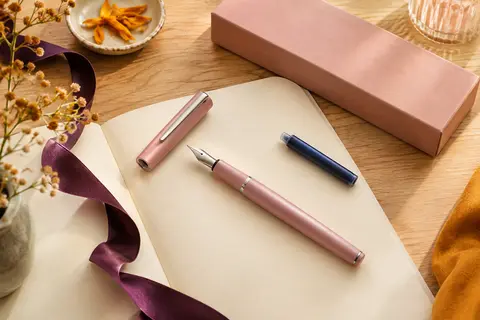 Stylo plume Waterman rose pastel mat avec plume fine en acier, cartouche bleue et coffret cadeau