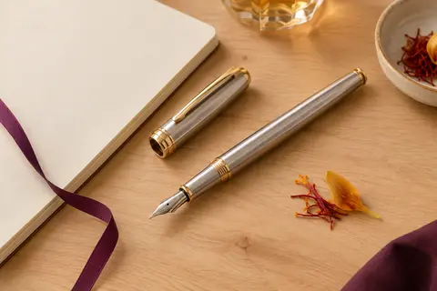 Stylo plume Waterman en acier brossé aux attributs dorés posé près d’un carnet crème sur du bois clair