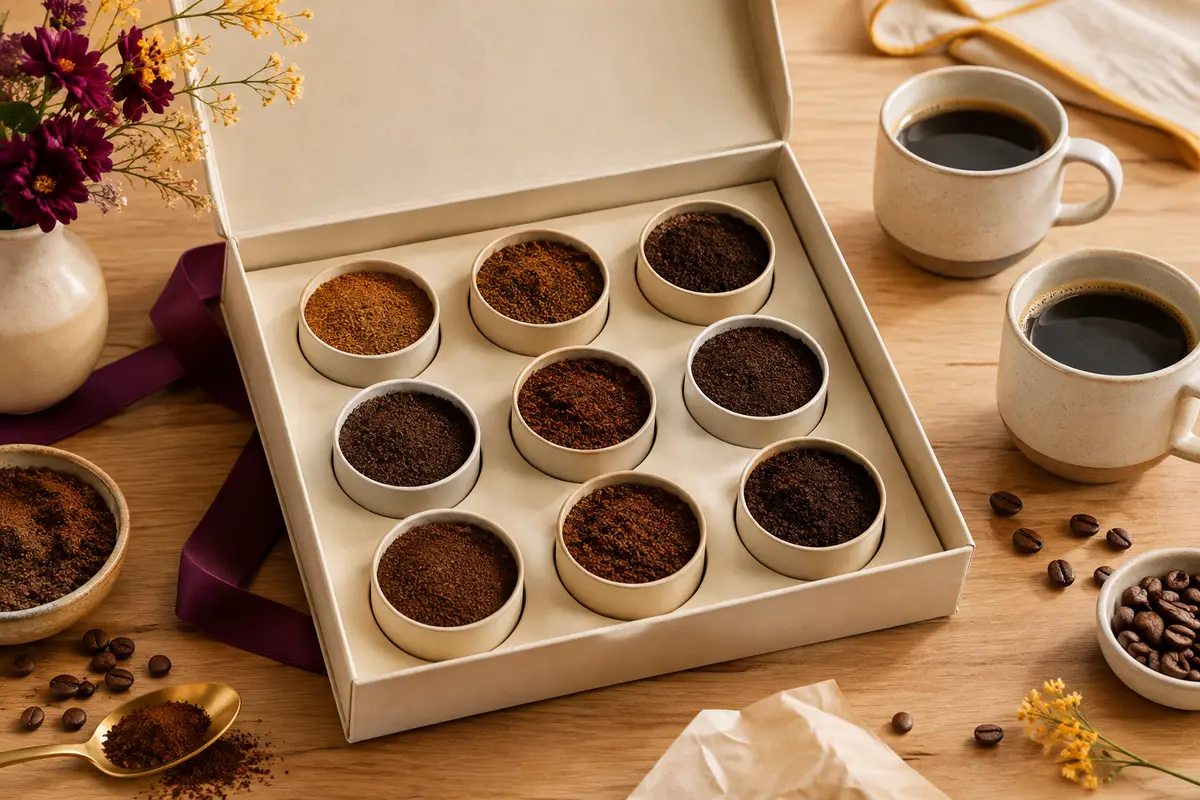 Coffret cadeau ouvert présentant neuf variétés de café moulu avec des tasses en céramique