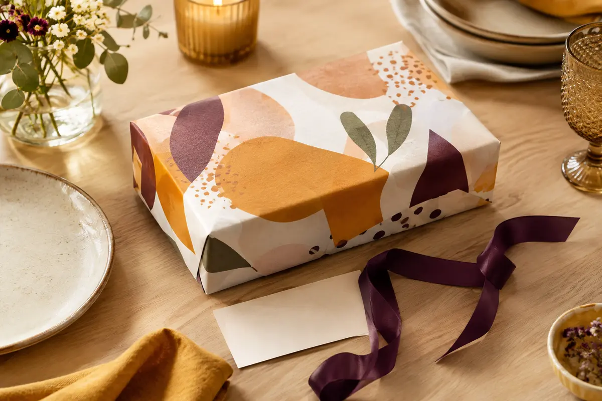 Coffret cadeau gourmand rectangulaire multicolore présenté sur une table en bois clair avec un ruban prune.