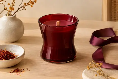 Bougie WoodWick en verre rouge foncé avec mèche en bois, posée sur un fond crème et bois clair.
