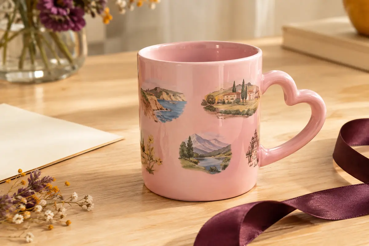 Mug personnalisé en céramique rose avec poignée en forme de cœur, posé sur une table en bois clair.