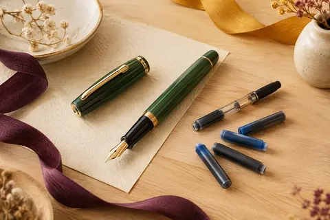 Stylo-plume métallique vert à plume courbée présenté avec des cartouches d’encre sur un bureau clair.