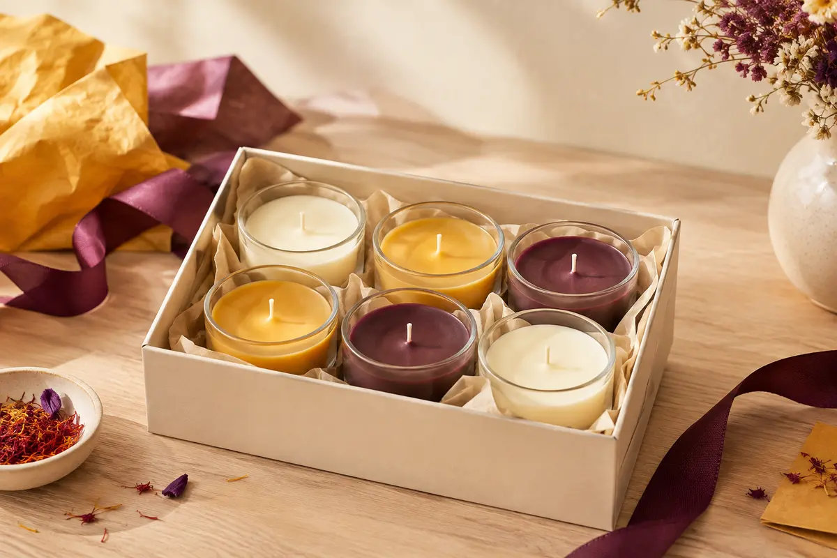 Six bougies votives parfumées en pots de verre, disposées sur un fond crème et bois clair.