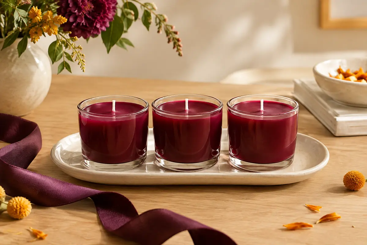 Trois bougies votives cerise griotte dans des contenants en verre, présentées sur une table en bois clair.