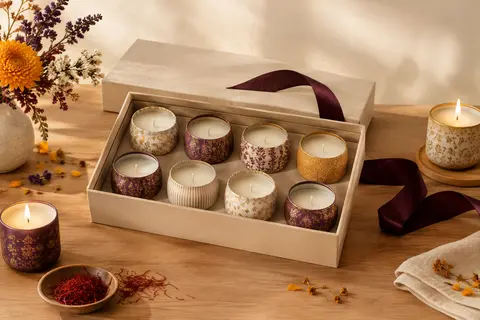 Coffret de huit petites bougies parfumées aux contenants décorés, posé sur un fond crème et bois clair