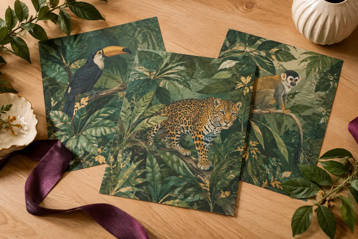 Trois affiches non encadrées aux motifs d’animaux de la jungle, posées sur un fond en bois clair.