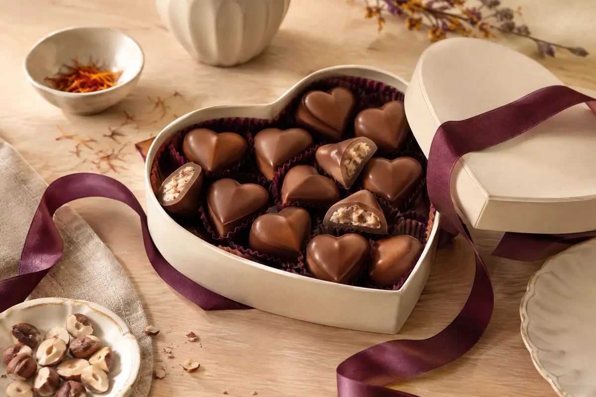 Coffret en forme de cœur ouvert avec des chocolats au lait fourrés à la crème noisette-nougat.