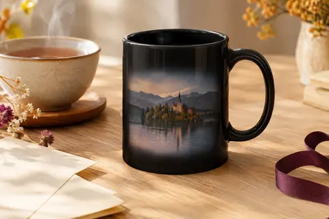 Mug magique noir en céramique dont la photo personnalisée se révèle avec la chaleur d’une boisson