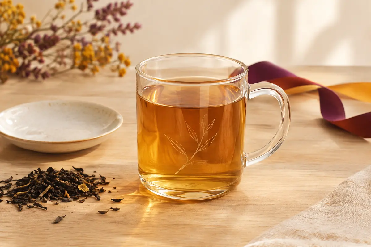 Tasse à thé personnalisable en verre transparent avec poignée, mise en scène sur une table en bois clair.
