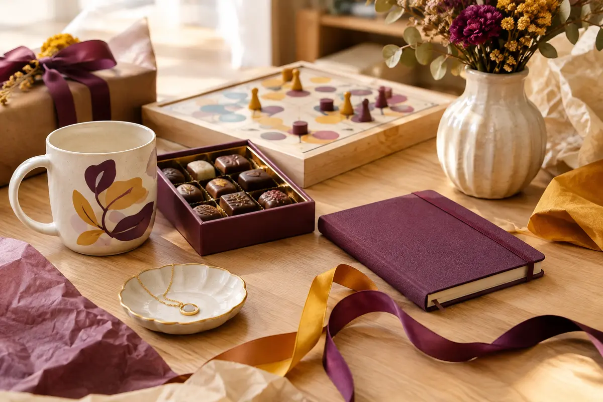 Nature morte lumineuse de cadeaux, avec objets personnalisés, jeux, gourmandises et décoration sur fond crème et bois clair.